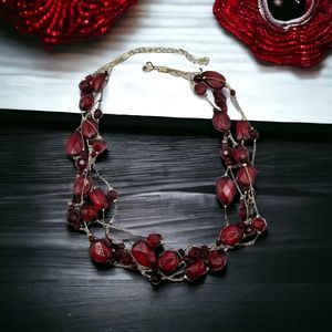 Station Necklace Ruby Tone Jeweled Multi Strand Statement Gold Tone Chain Layers